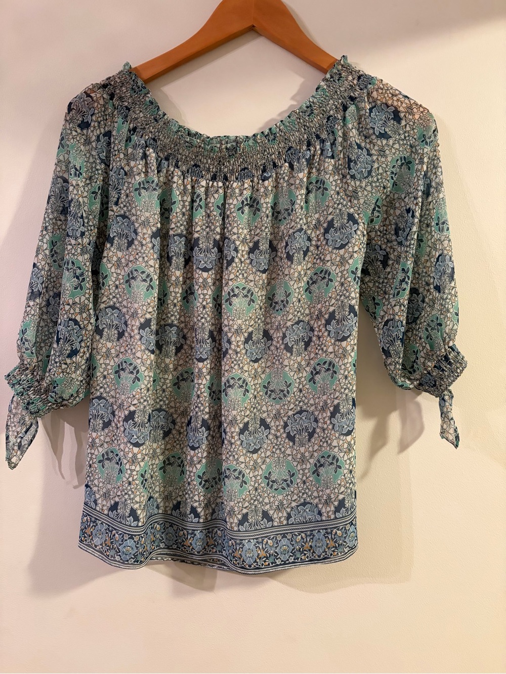 Smocked Off-Shoulder Floral Peasant Top in Mint and Navy